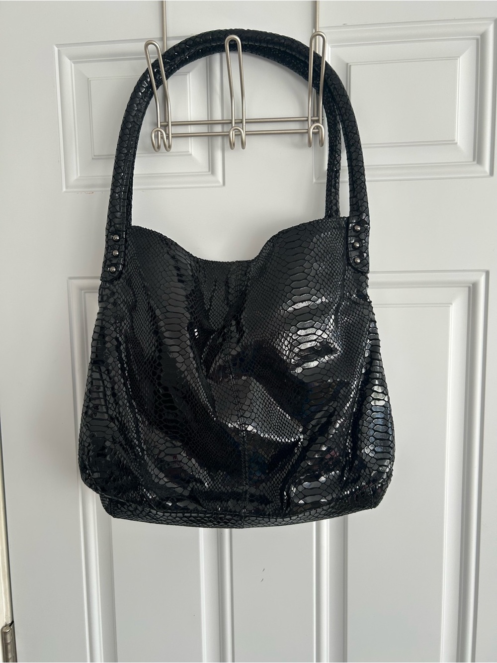 Vintage Y2K Perlina Studio Black Snakeskin Embossed Leather Rope Handle Hobo Bag - Picture 7 of 16